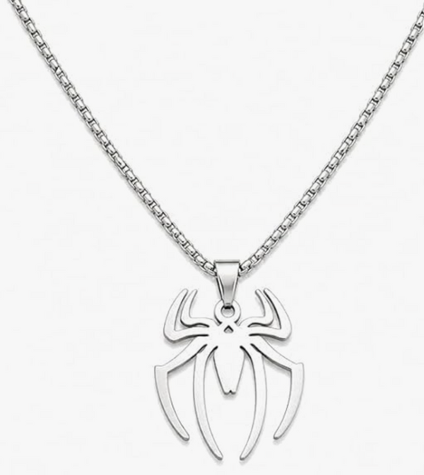Spider Pendant Necklace for Men, Silver Stainless Steel Chain