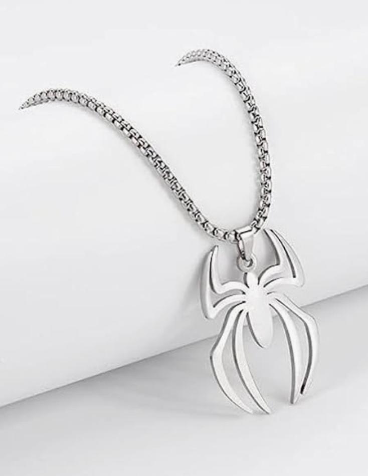 Spider Pendant Necklace for Men, Silver Stainless Steel Chain