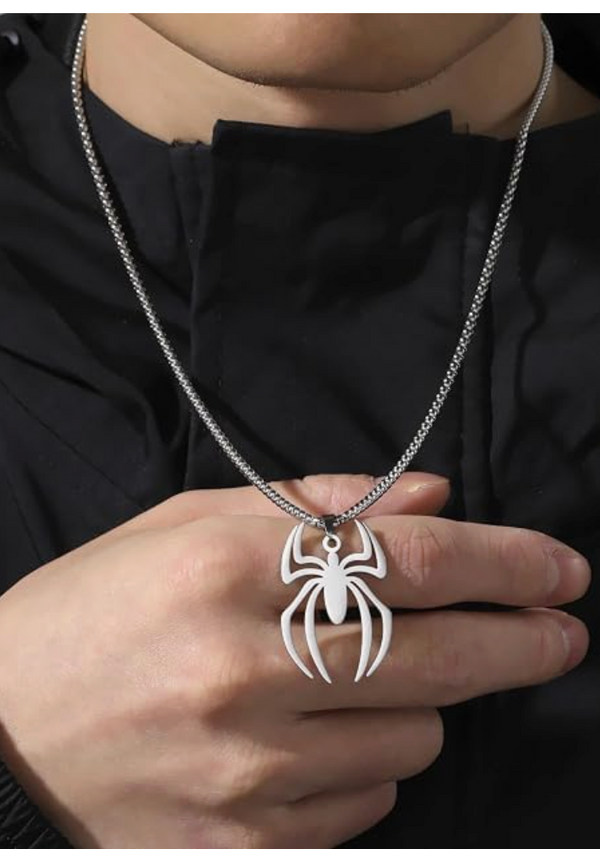 Spider Pendant Necklace for Men, Silver Stainless Steel Chain