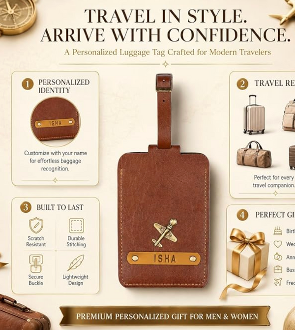The Junket Personalized Luggage Tag for Men & Women | Custom Engraved Name Tag with Charm | Premium Leather Travel Accessory | Raksha Bandhan Gift for Brother, Sister & Frequent Travelers (Tan)